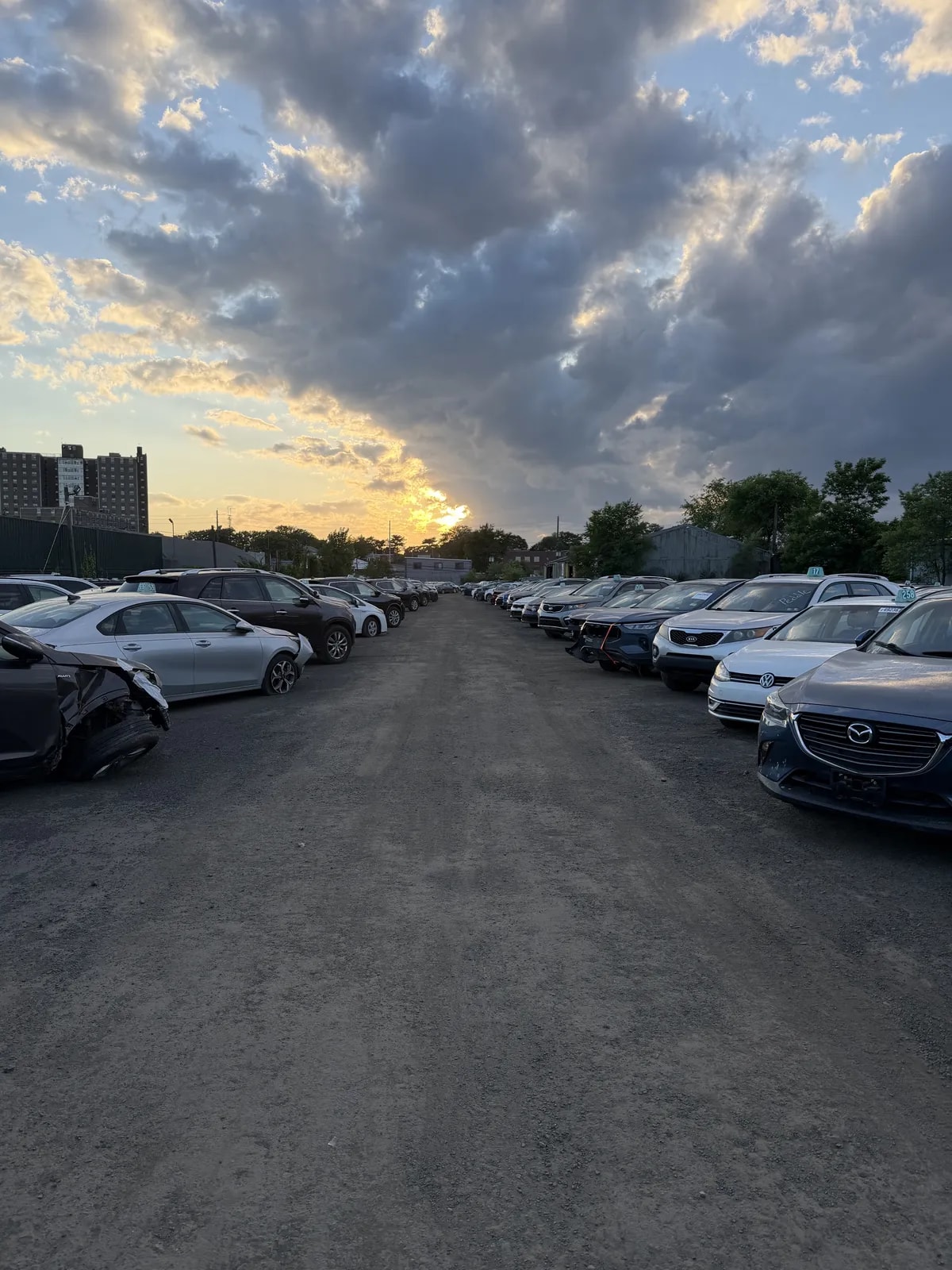 PAZA vehicle storage yard at sunset